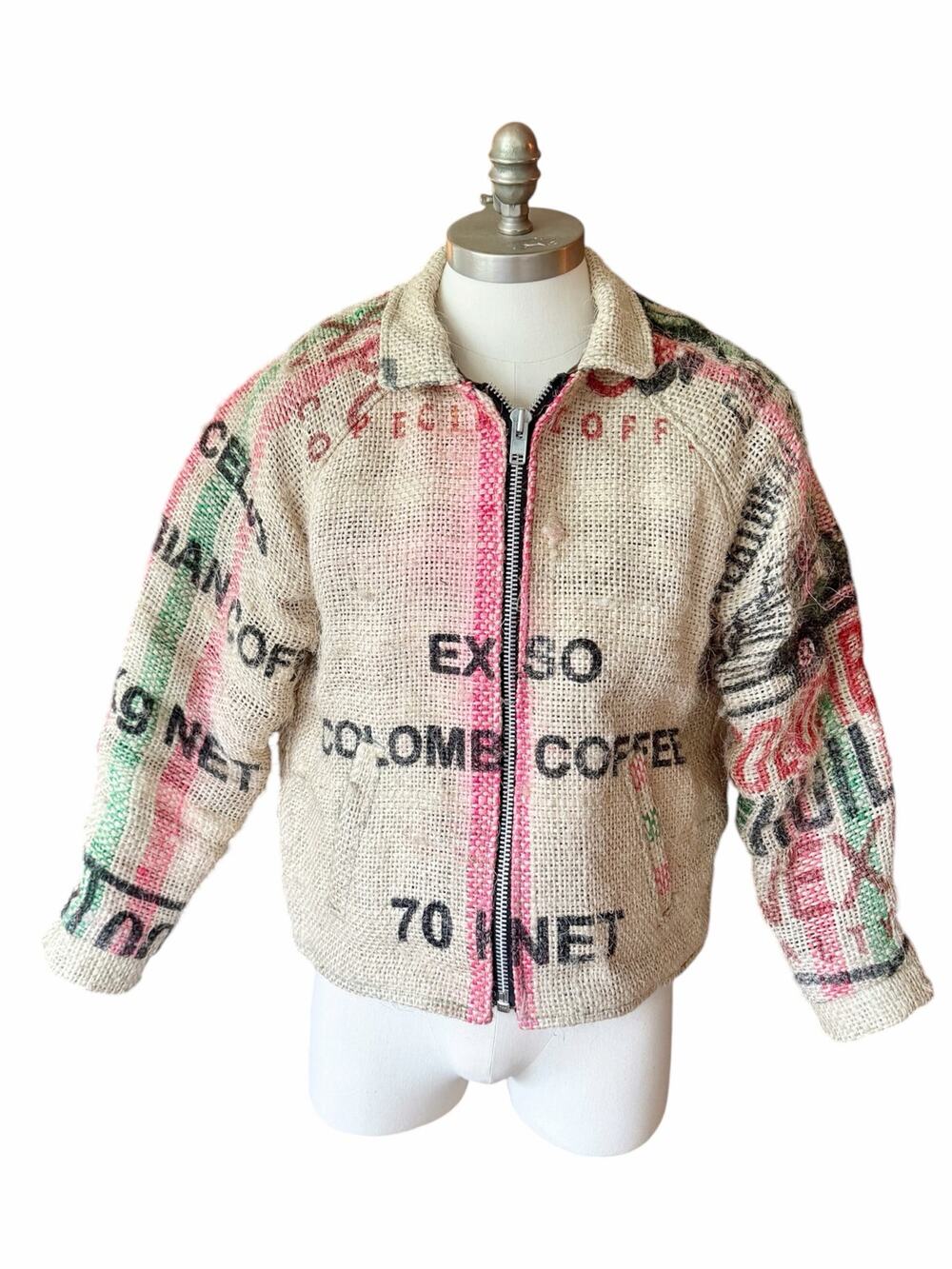 Custom Upcycled Coffee Sack Jacket Burlap Jute Colombia Full Zip Jacket Men’s